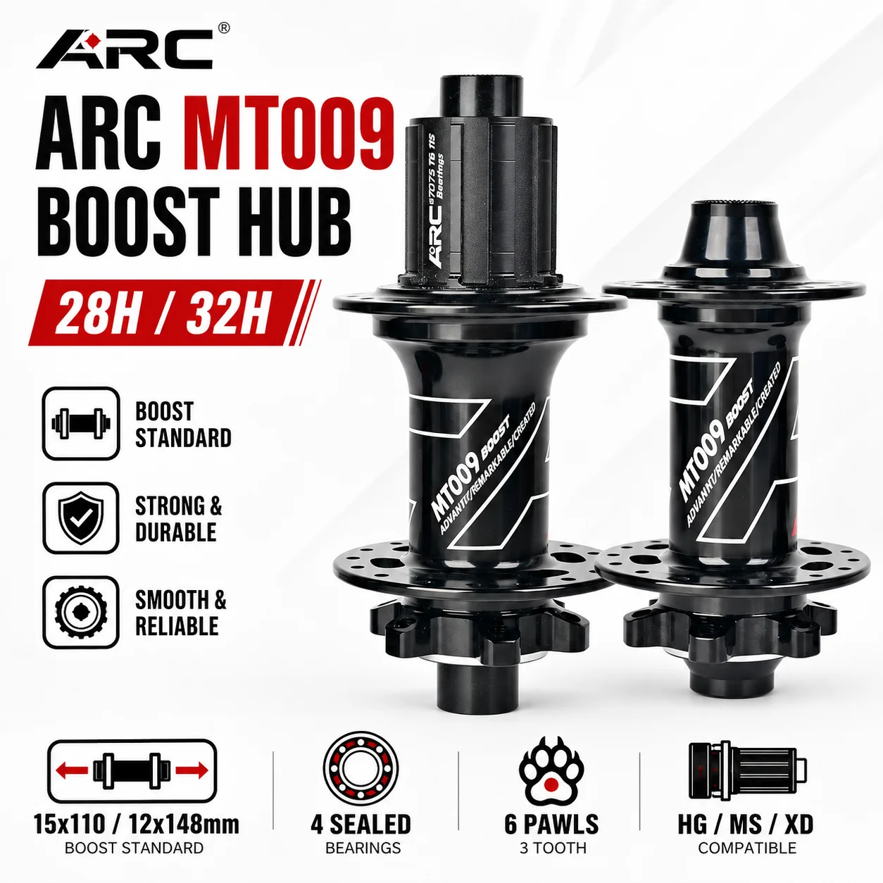 

ARC MT009 Boost MTB Hub 15x110 12x148mm 28H 32H 4 Sealed Bearings 6 Pawls 3 Tooth HG MS XD 8-12S Bike Hub