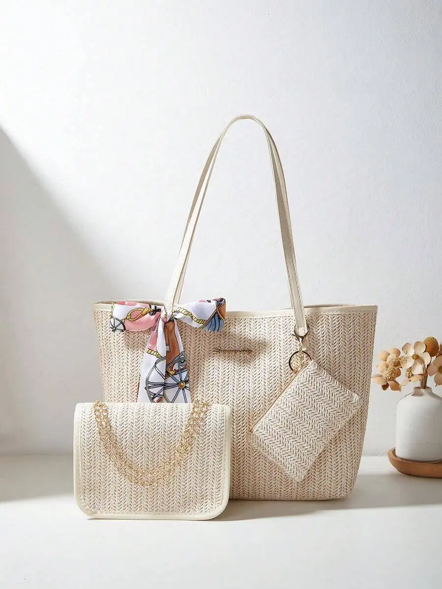 

3-Piece Women Sling Scarf, Tote Chain Shoulder Bag, Coin Purse Set, Straw Handbag, Woven Bag