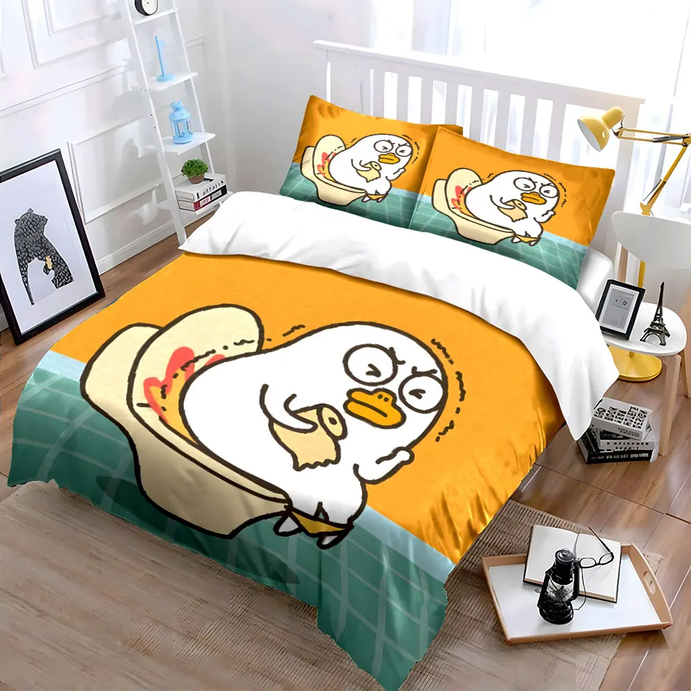 Nervous Duck on Toilet cartoon Print Bedding Set 1 Duvet Cover 2 Pillowcases for Adult and Children Luxury Gift Full Size