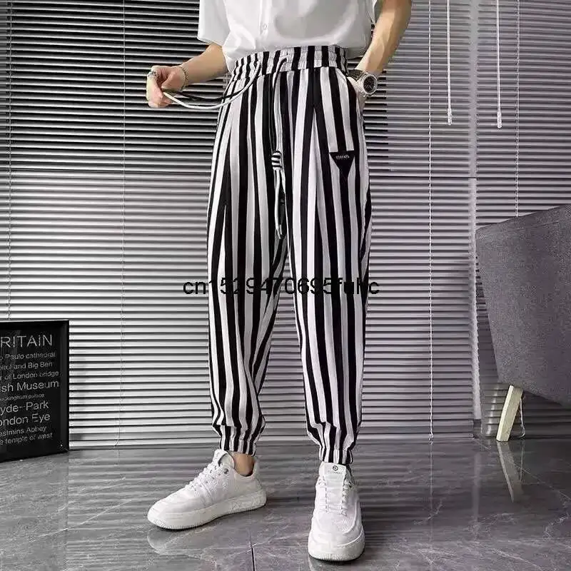 

Thin Striped Men's Casual Trousers Cropped Pants Trendy Brand 2024 New Ruffian Handsome Ice Silk Men's Harun Pants All-match