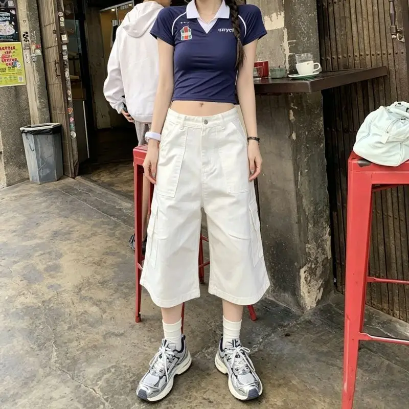 Women White Capri Pants High-waist Streetwear Multiple Pockets Loose Wide Leg Shorts Cargo Denim Fabric Straight Medium Pants