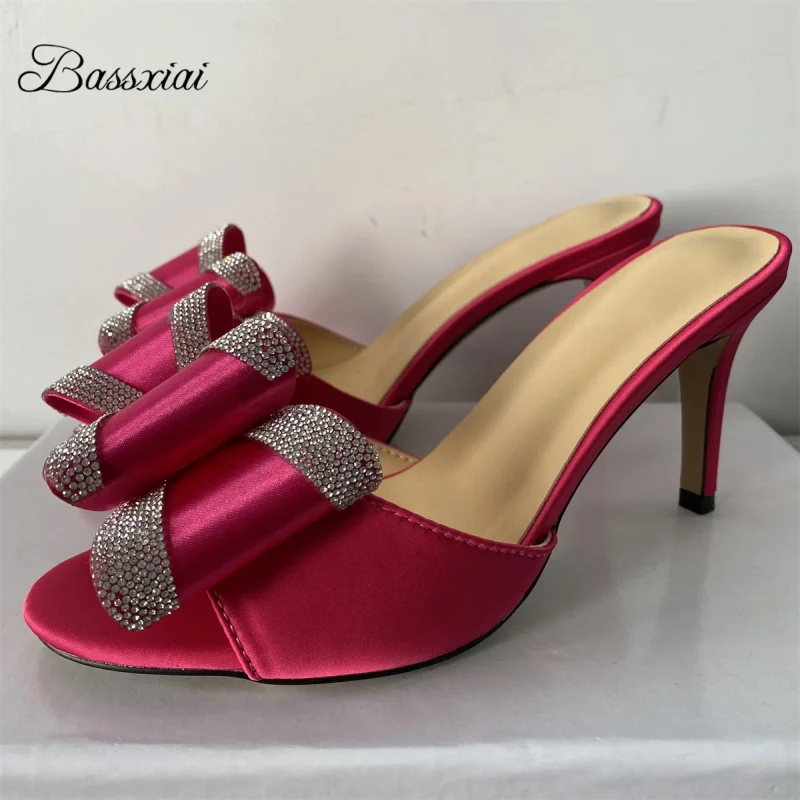 

Crystal Rhinestone Butterfly-Knot Mules Summer 8cm Thin High Heel Luxury Satin Slingbacks Open Toe Women Sandals