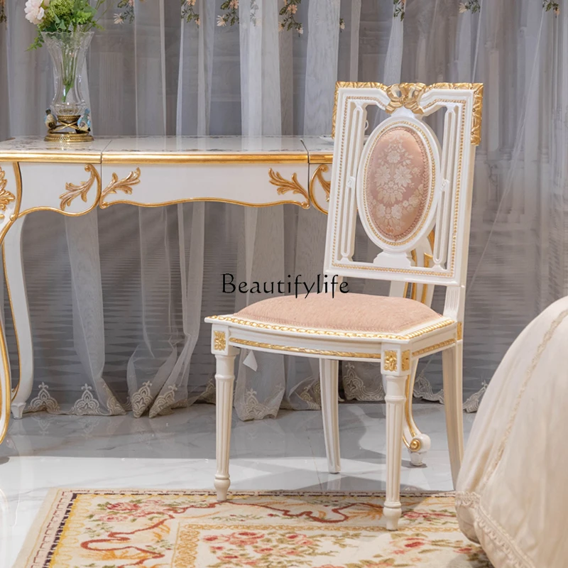 z.French Romantic Study Chair Villa Bedroom European Solid Wood Carving Pink Dressing Chair