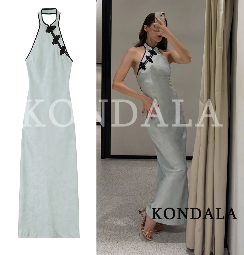 KONDALA Damen Elegantes Schickes Jacquard Neckholder-Maxikleid Sommer Urlaub Dinner Rückenfreies Kleid 2026 Trendiges Knoten-Knöpfe Slim-Fit-Kleid