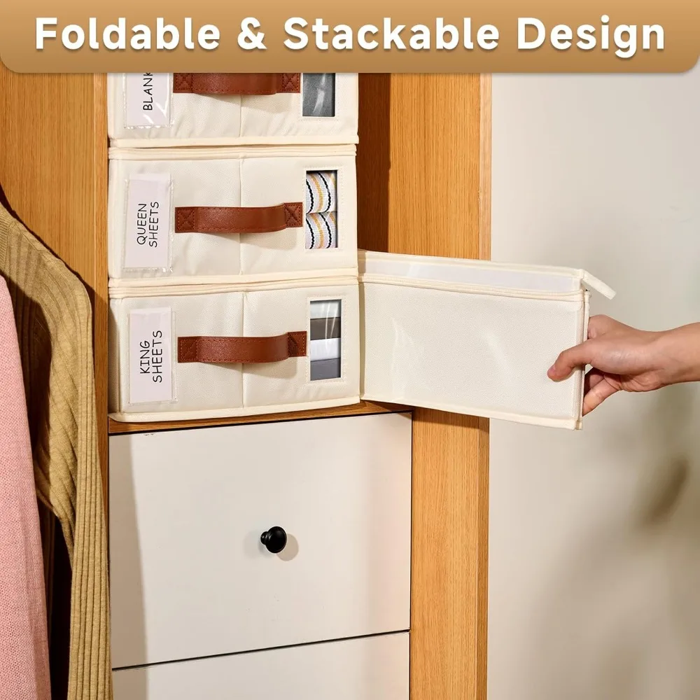 Organizadores de lençóis de 6 pacotes com zíper, etiqueta e alça - caixa de armazenamento para roupas, roupas e brinquedos
