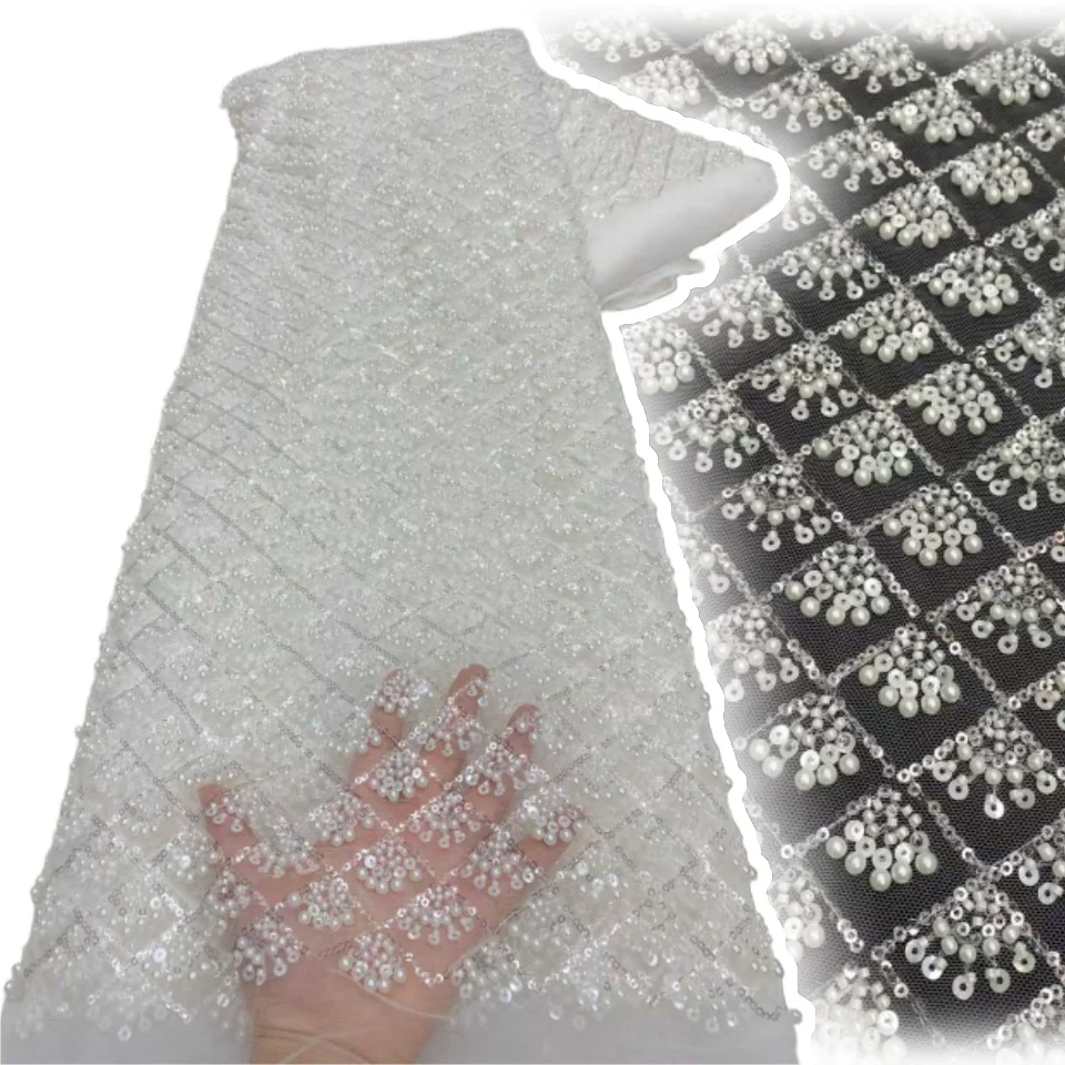 

Белая африканская кружевная ткань с блестками и бисером, высокое качество, французская нигерийская кружевная ткань с вышивкой для свадебного шитья CC1443