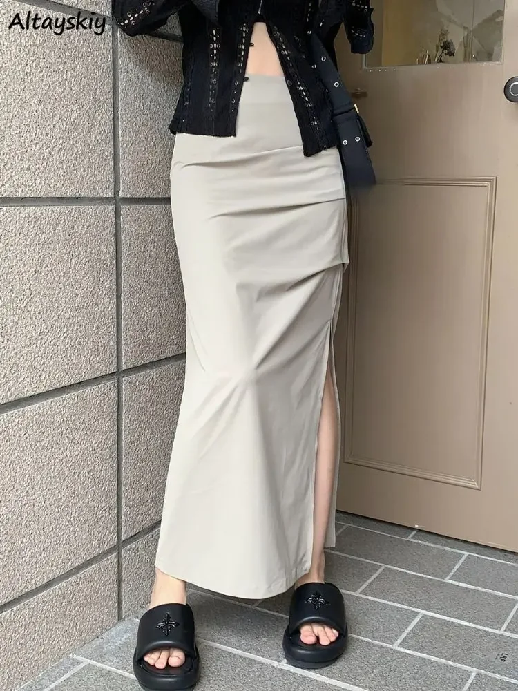 

A-line Skirts Women Safari Style Side-slit High Waist Khaki Autumn Casual Tender Y2k Clothes Streetwear Maxi Folds Solid Chic