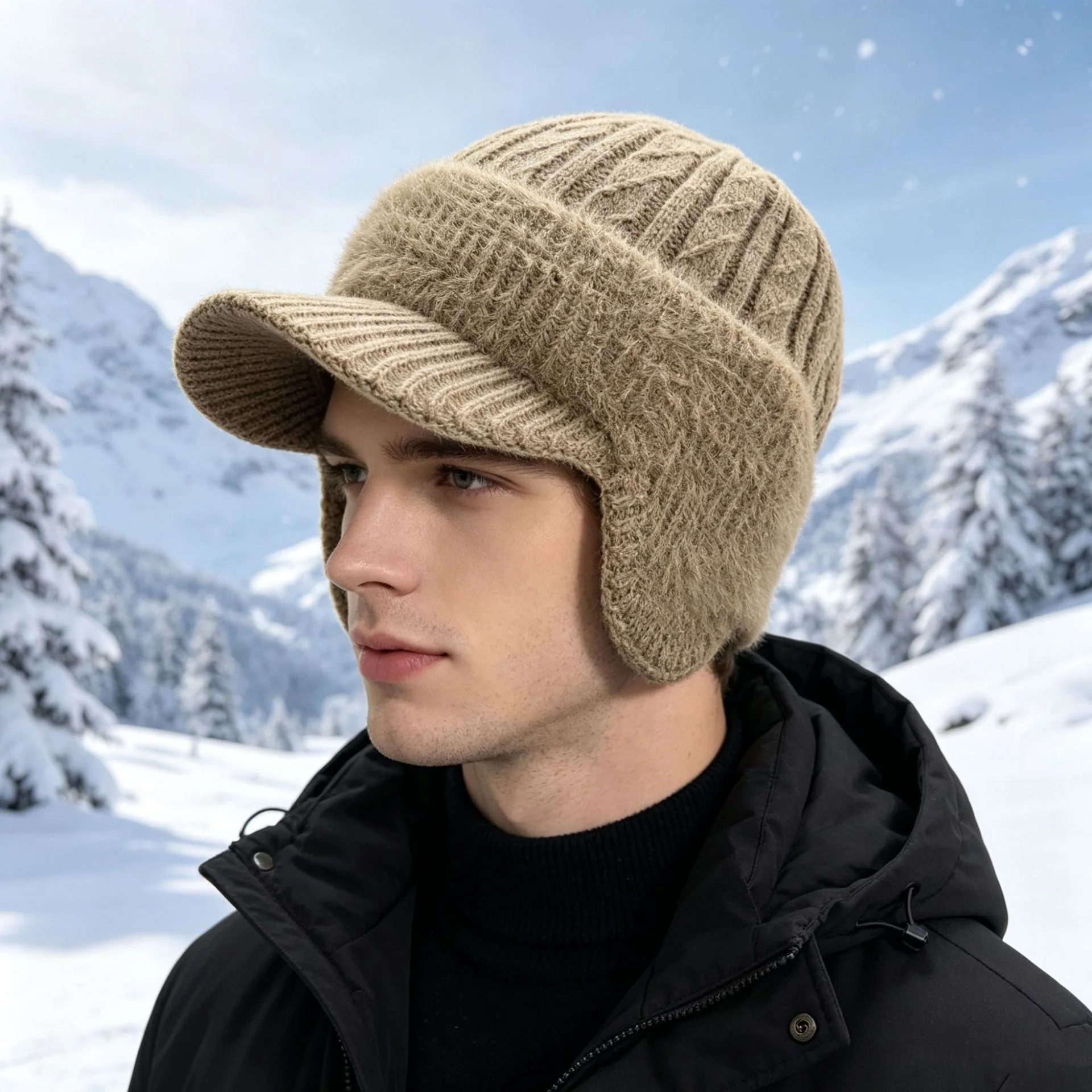 Fashion Winter Men's Hat Thickened Warm Wool Hat Rabbit Fur Lined Ear Protectors Cycling Windproof Cold-Proof Headgear Knitted