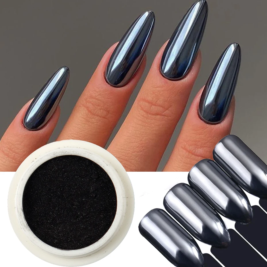 1 caja de polvo de uñas negro cromado, polvo metálico para frotar, pigmento mágico espejo, glitter para uñas, adornos Y2K, decoración de arte de uñas, manicura 5