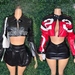 HLJ Fashion Y2K Letter Leather Jacket Outfits Women Zip Long Sleeve Crop Top And Pleated Mini Skirt Two Piece Sets Trend Clothes