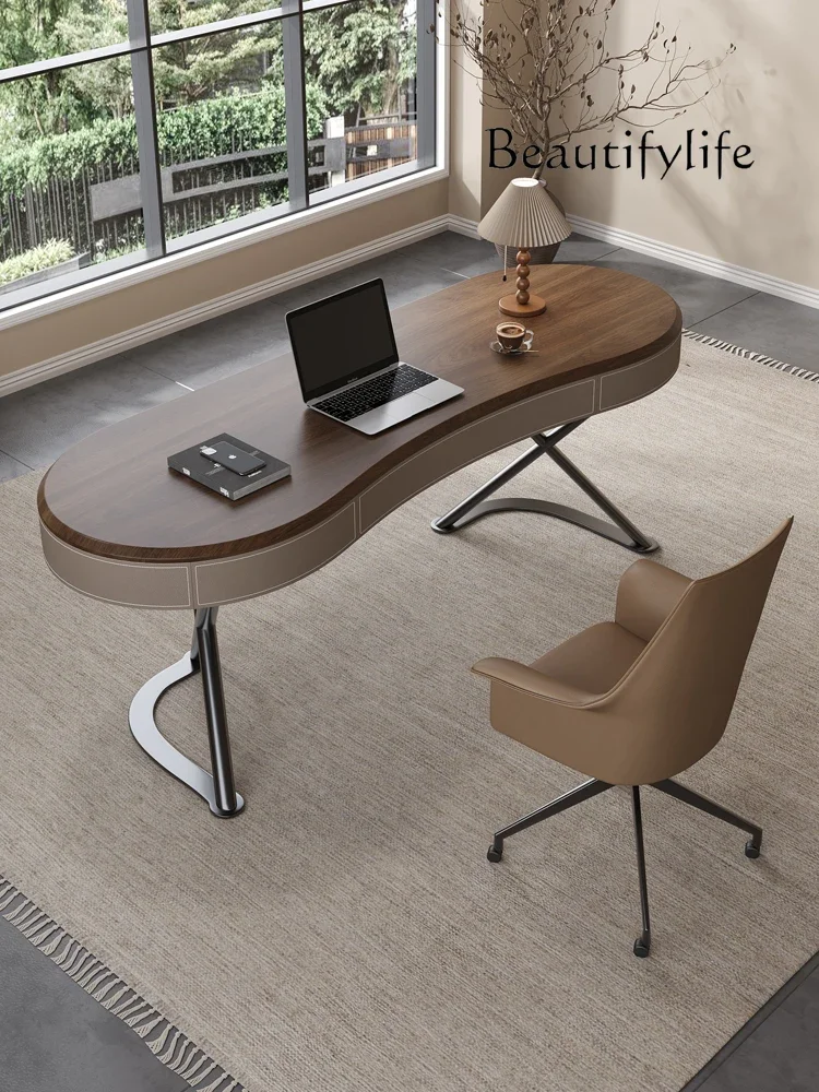 

S BK High-end Solid Wood Desk Light Luxury Modern Simple Saddle Leather Home Bedroom Walnut Leather Computer Desk