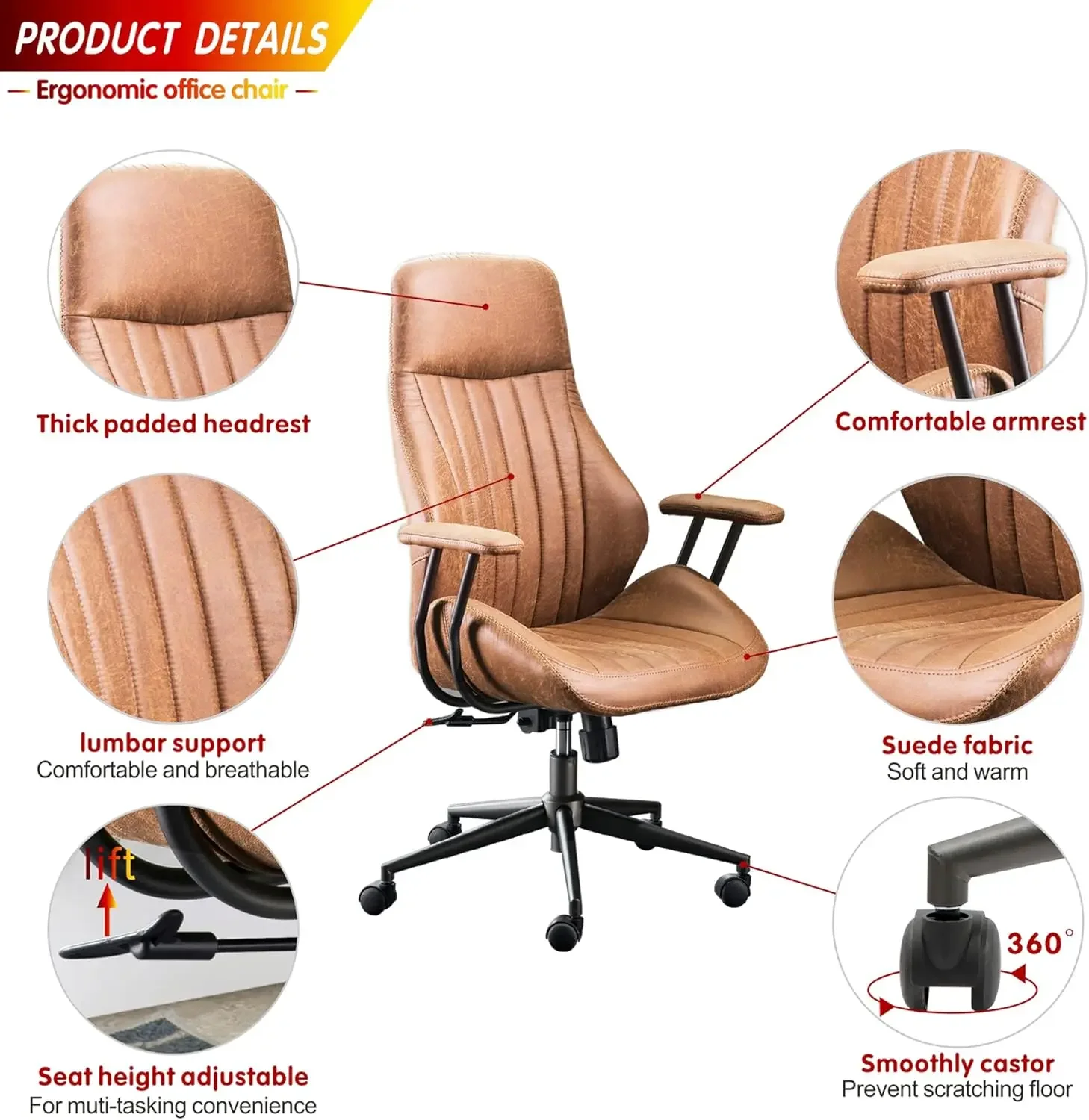 Ovios-silla ergonómica de oficina para el hogar, sillón de escritorio para ordenador con soporte Lumbar, espalda alta, altura ejecutiva ajustable