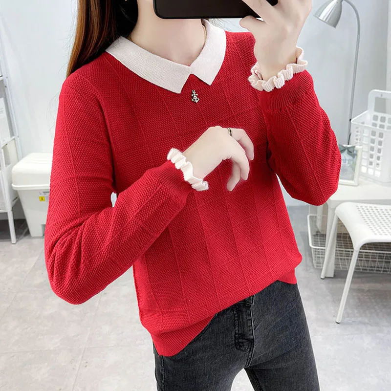 Autumn Winter Fashion Fleece Warm Solid Color Sweaters All-match Peter Pan Collar Knitted Long Sleeve Jumpers Women\'s Clothing