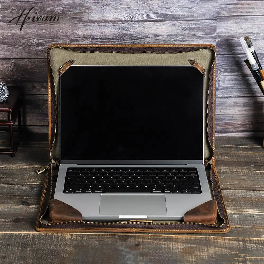 Retro Crazy Horse Leather Laptop Sleeve Bag Men For Macbook Pro Air 13 Macbook Pro 14 Pro 16 inch Case Handbags Briefcase