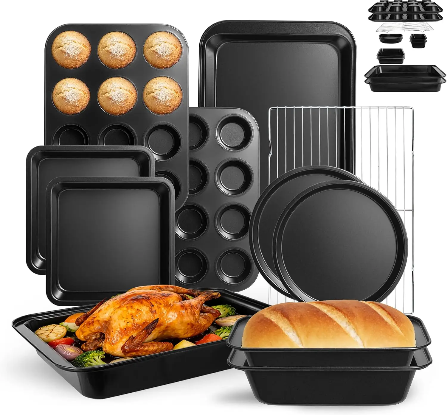 11 Piece Nonstick Baking Pans Set Carbon Steel Bakeware Oven Safe To 450F Stackable Dishwasher Safe Black