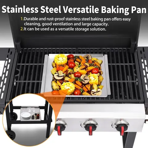 Propane Gas Grill with Cast Iron Grates, 302 Sq. In. BBQ Grilling Space, Foldable Side Shelves for Portable Outdoor Pat