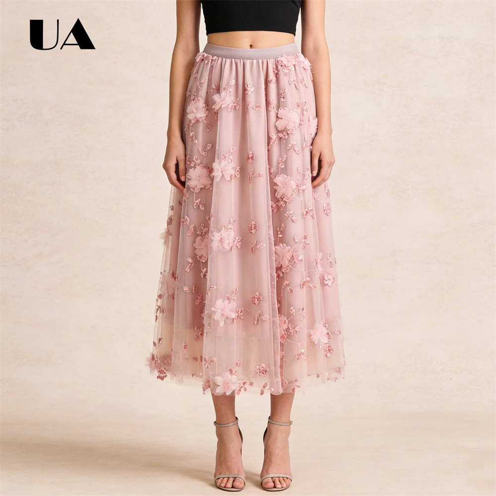 

ULBYANRY Mesh Embroidered Skirt for Women 3D Flowers Fairy Skirts, Mid Length Tulle Skirt, A Line Flowy Dress