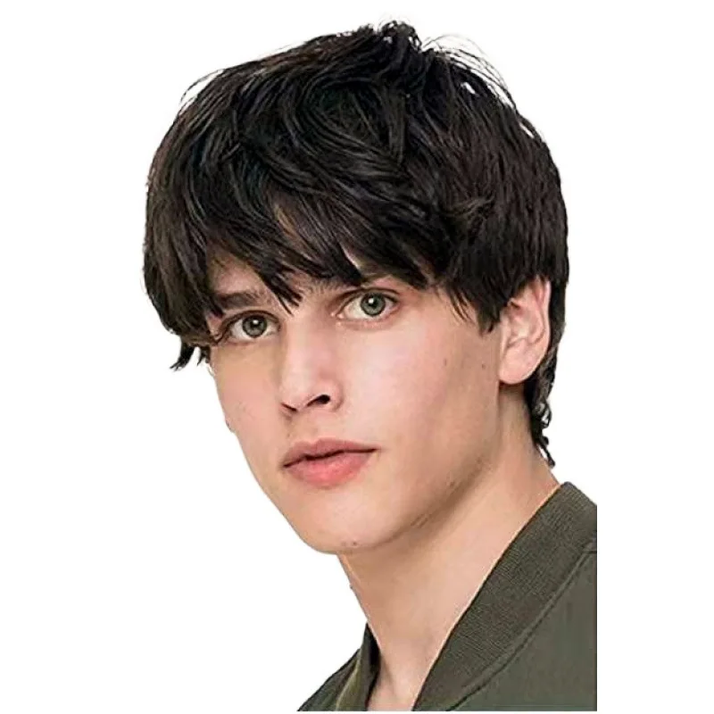 Men's Wig Brown Black Short Curly Side Full Bangs Hair Styling Face Shaping Trendy Style