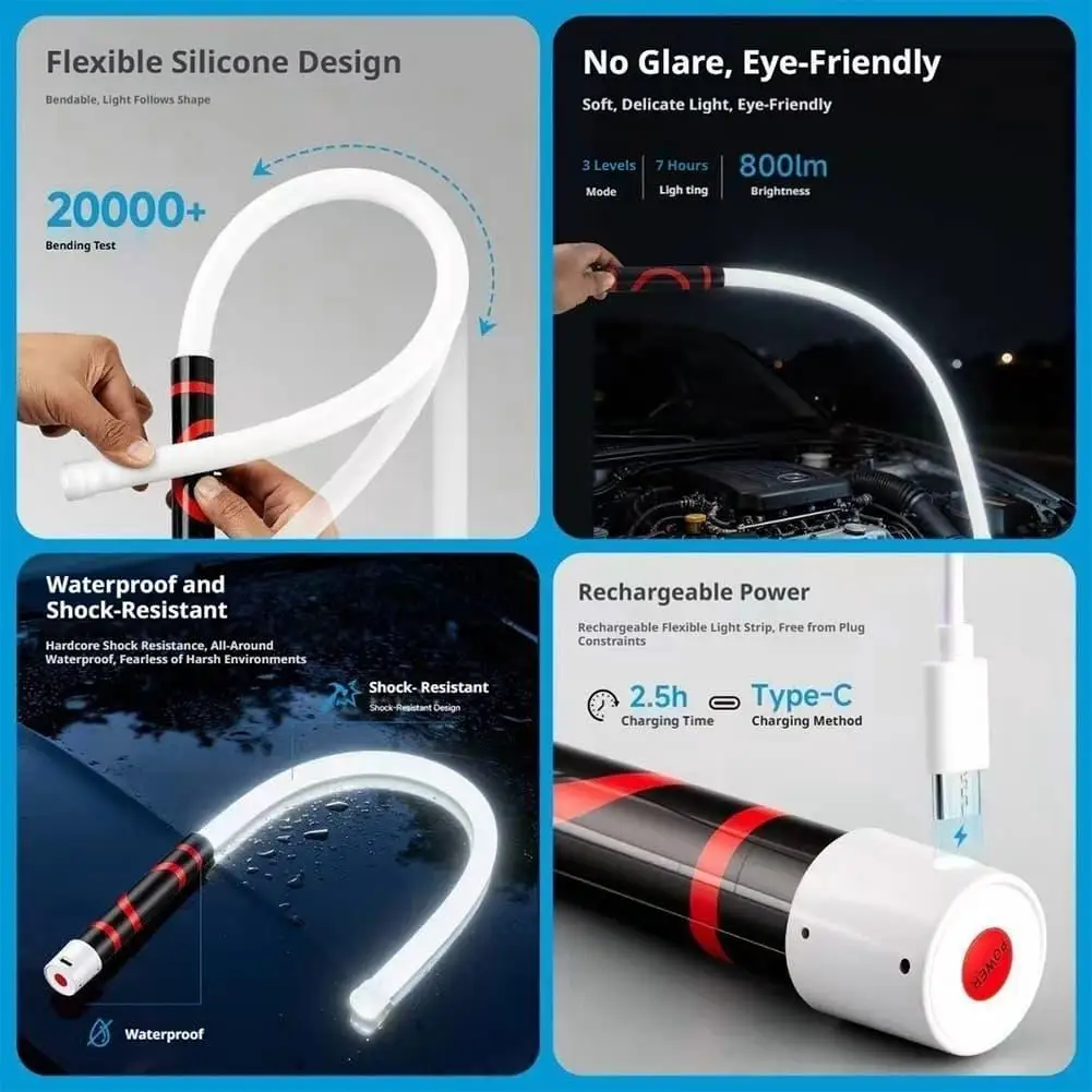 New 73cm Flexible Silicone LED Flashlight Stick High Lumens Rechargeable Work Light Portable Inspection Lamp for Car Repair