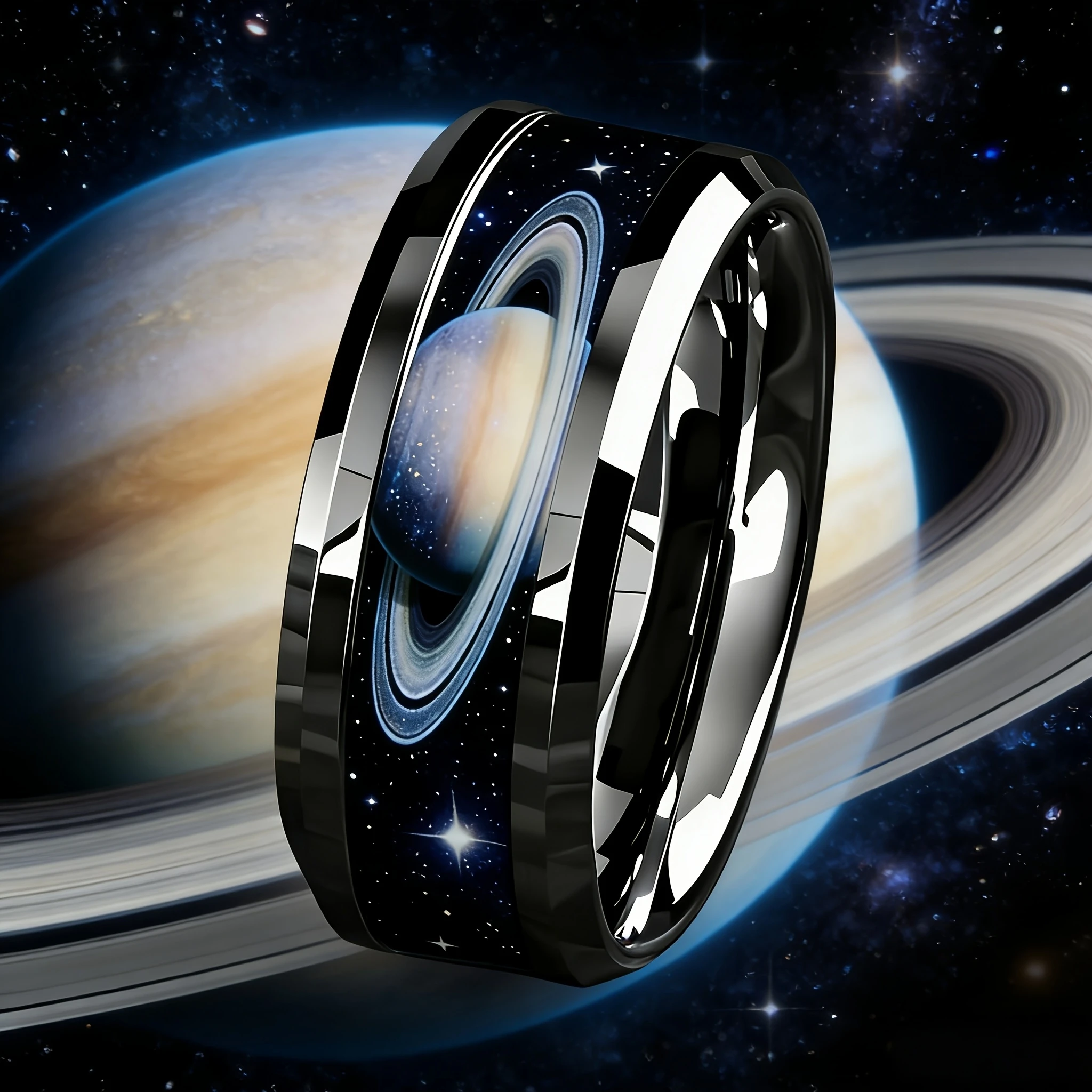Cool 8mm Saturn Planet Starry Sky Stainless Steel Rings for Men Women Hypoallergenic Outer Space Wedding Jewelry for Astronomer