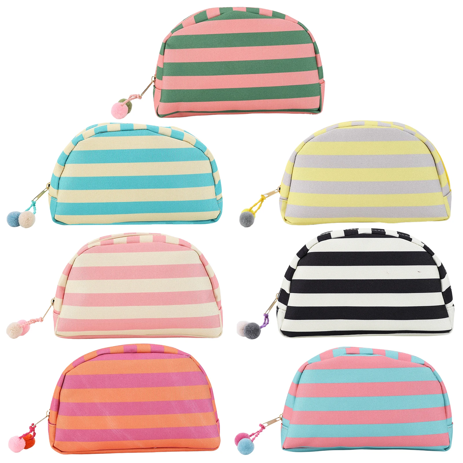 Striped Shell Storage Bag Nylon Colorful Travel Toiletry Organizer with Cute Color Ball for Bridesmaid Gifts & Holiday