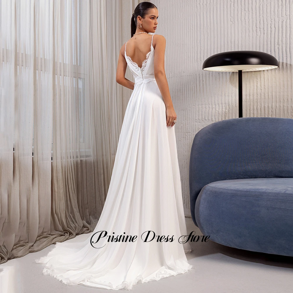 فستان زفاف كلاسيكي شيفون للنساء على الشاطئ طيات أنيقة مزين برقبة على شكل حرف v سويب تراين بدون أكمام زي العرائس المخصص #2