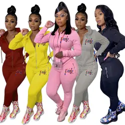 Two Piece Sets Womens Outi Pink Letter Tracksuit Sweatsuits Long Sleeve Jacket Top Pants Suit Femme Lady Sportswear Leisure Suit