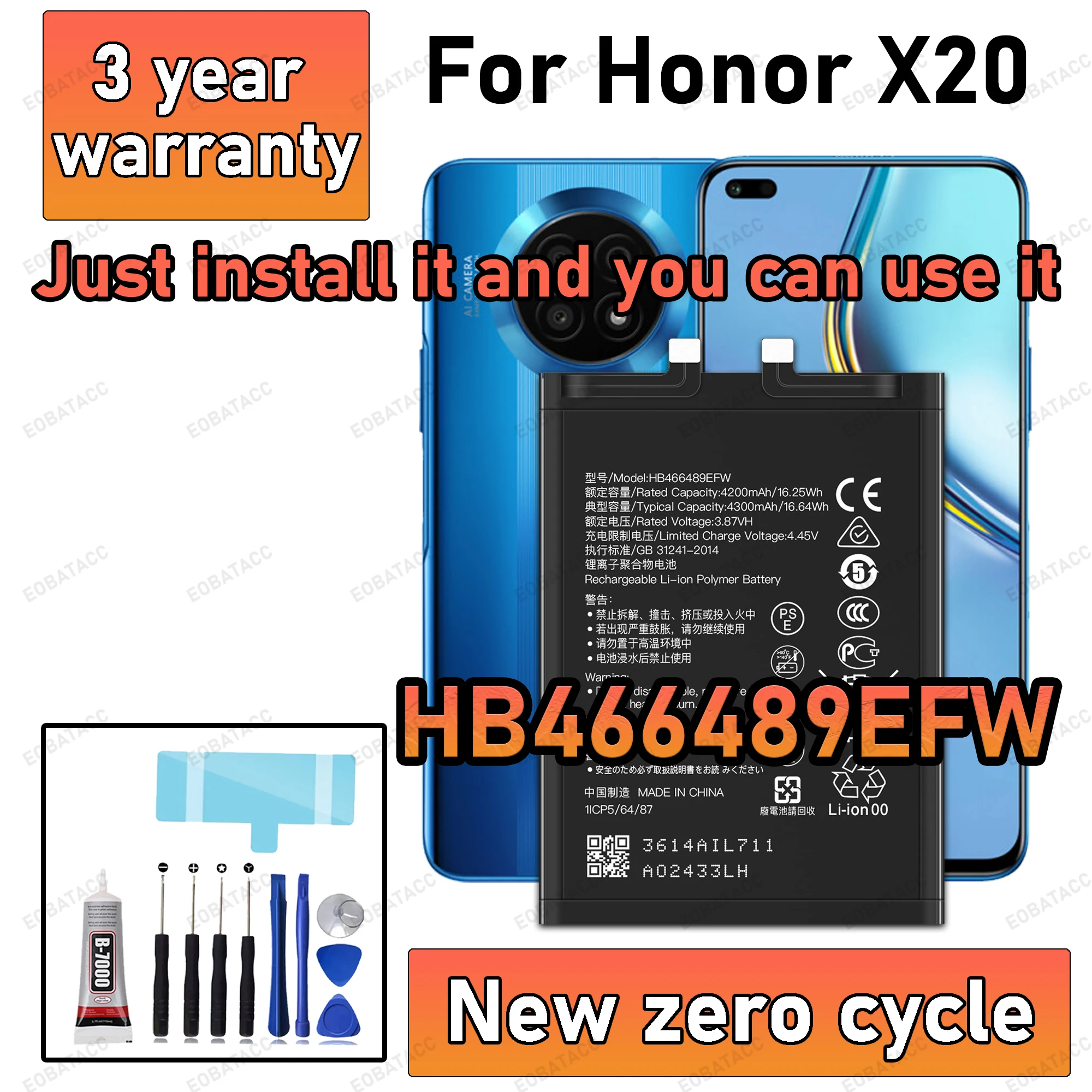

100% New High Capacity HB466489EFW Battery For HONOR X20 Phone batteries batteria+Free Tools
