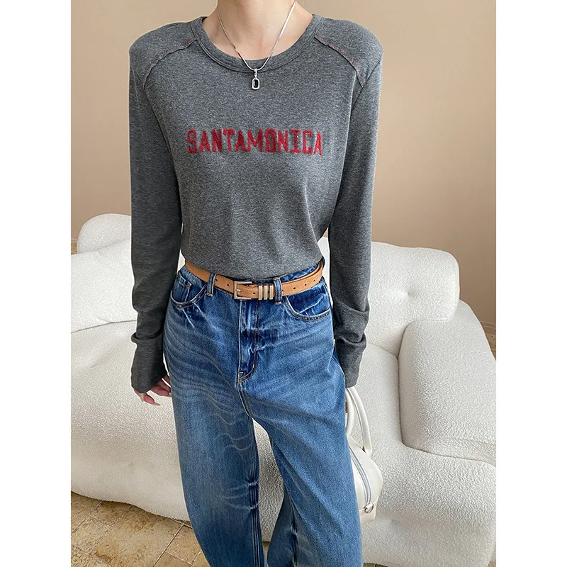 

Women Embroidered Letter T-shirt Autumn Round Neck Color-Block Long Sleeve Korean Casual Tops
