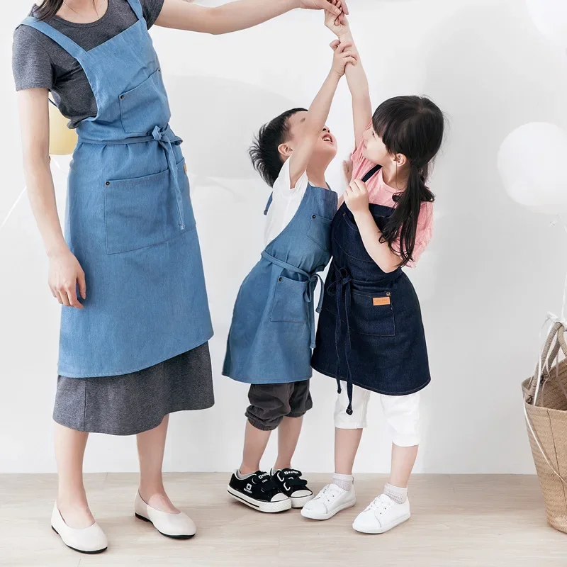 Kids Apron Denim Parent-Child Apron Cotton Korean Version Cover-up Avental Cozinha Pinafore Antifouling Customizable LOGO