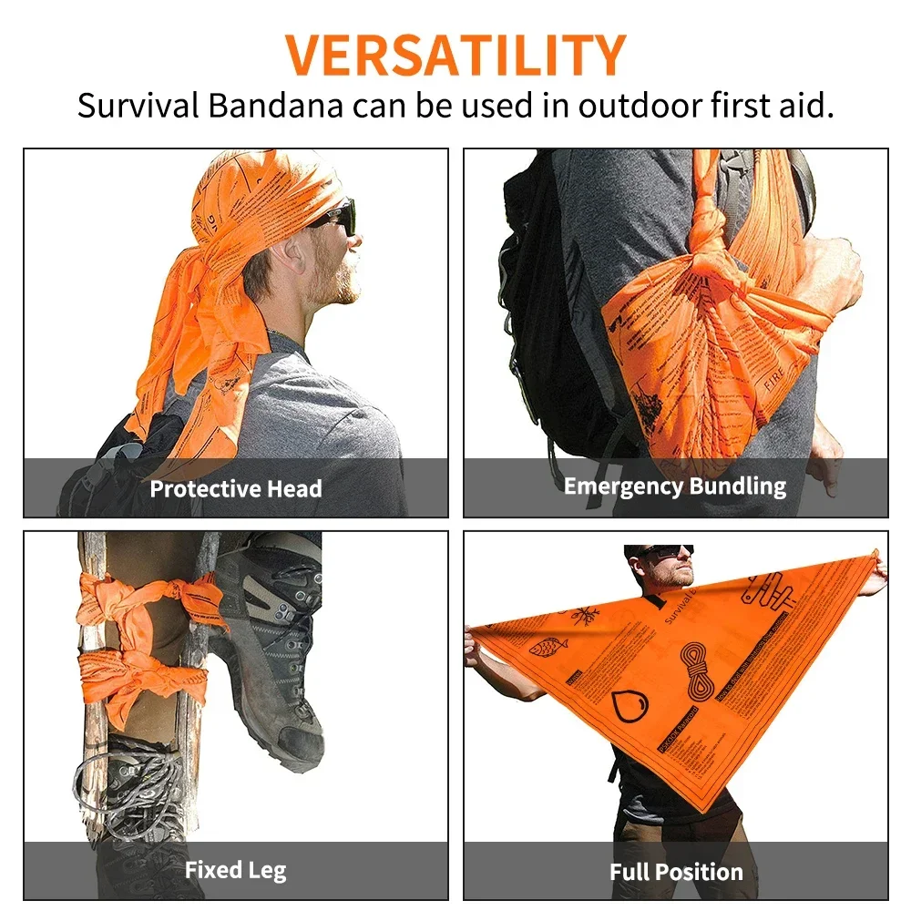 Survival Bandana with Heavy Duty Construction, Easy to Read Tips and High Vis Orange for Backpacking, Camping, Hiking, Emergency