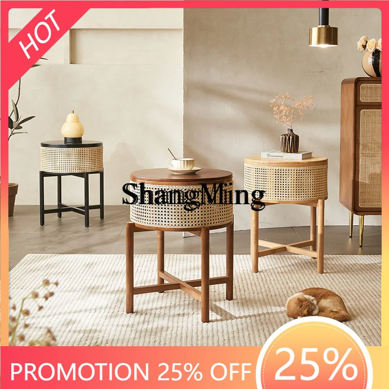 SM Wood Rattan Small Coffee Table Simple Solid Wood Rattan Corner Table Sofa Side Cabinet Creative Storage Small Table