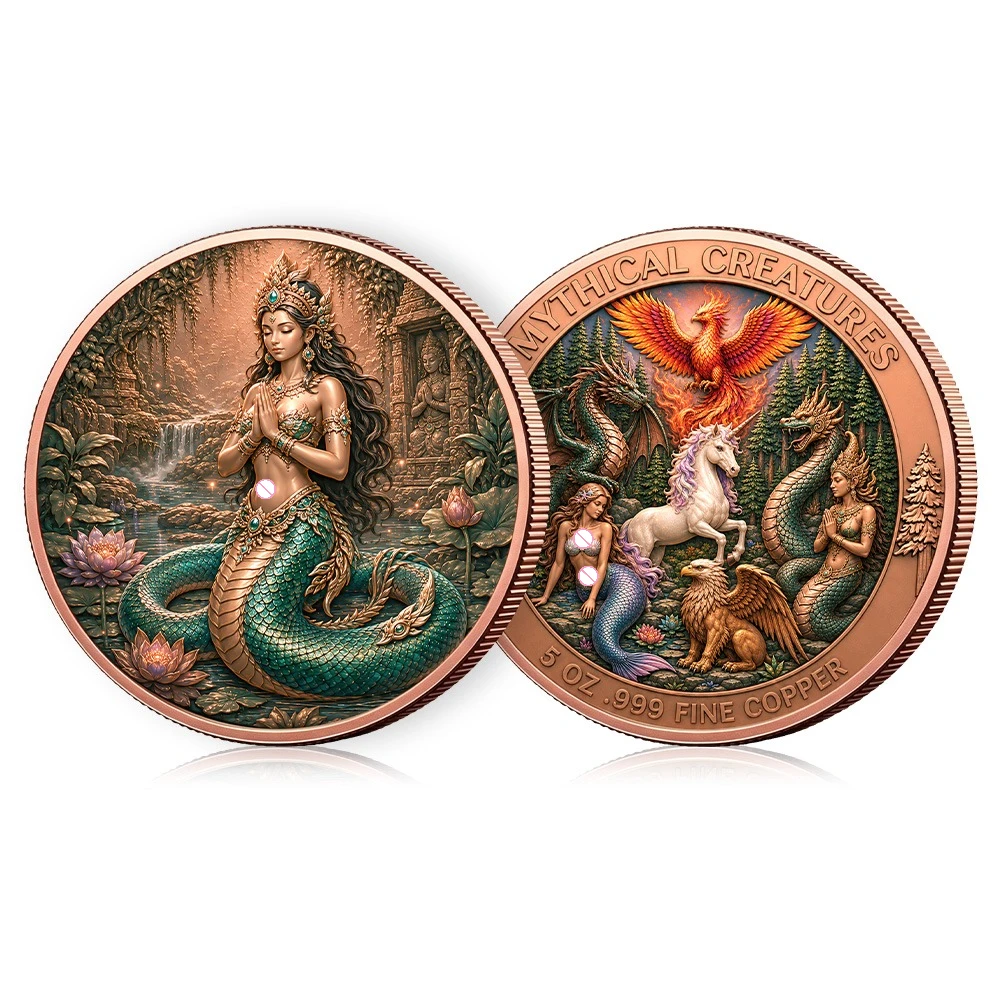 5OZ .999 Fine Copper Coin High Relief Thai Naga Mermaid Goddess 3D Embossed Color Collectible Bullion Decor Souvenir Gift