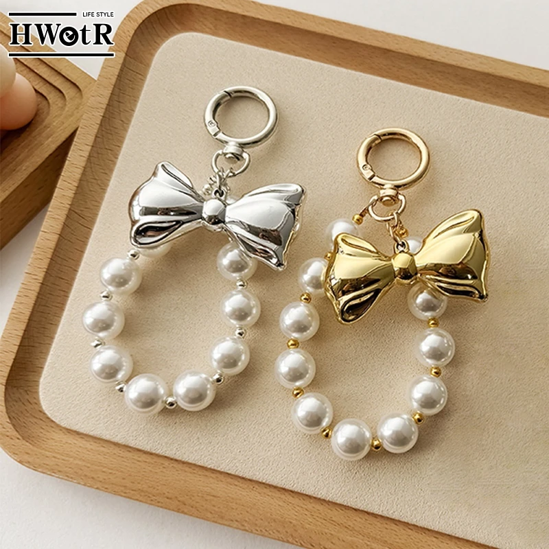 Bowknot Pearl Hoop Keychain para mulheres, pingente de charme, chaveiro ornamento, mochila, bolsa, presente para meninas