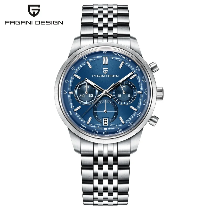PAGANI DESIGN Men's Business Quartz Watch, Speed Chronograph, Full Stainless Steel, 100M Waterproof, Auto Date Wristwatch