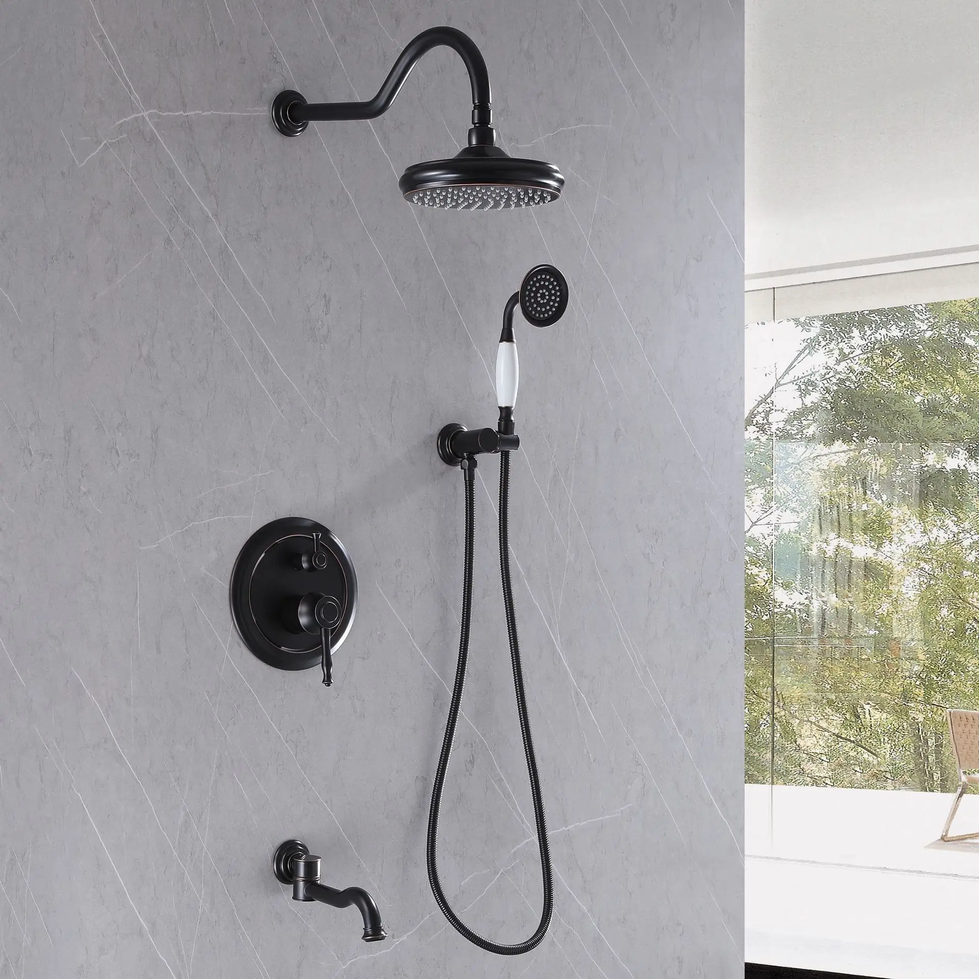 European retro copper shower, cold and hot shower spray suit, all copper concealed wall mounted shower head