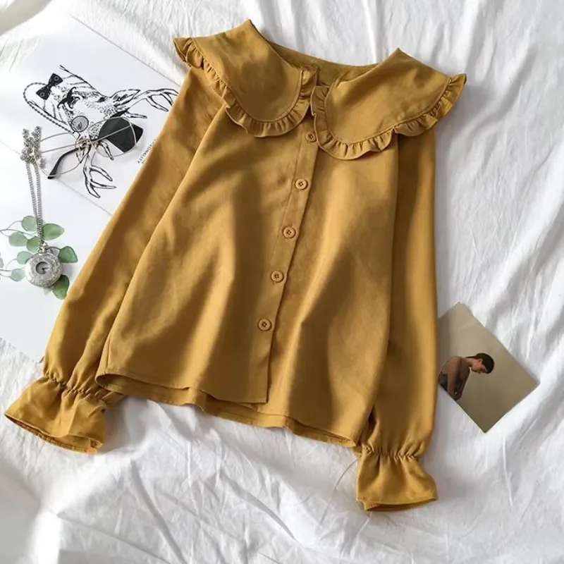 Camisas Mujer JK Mujer Blusas Casual manga acampanada Lolita cuello Peter Pan dulce estilo Preppy elegante Kawaii Simple primavera sólido