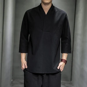 قمصان كتان على الطراز الصيني للرجال, ملابس الشارع التقليدية, بلوزة كيمونو تقليدية, كنزة صوفية برقبة على شكل حرف V, 3/4 أعلى 10 مبيعات قميص اللباس الصيني - No9