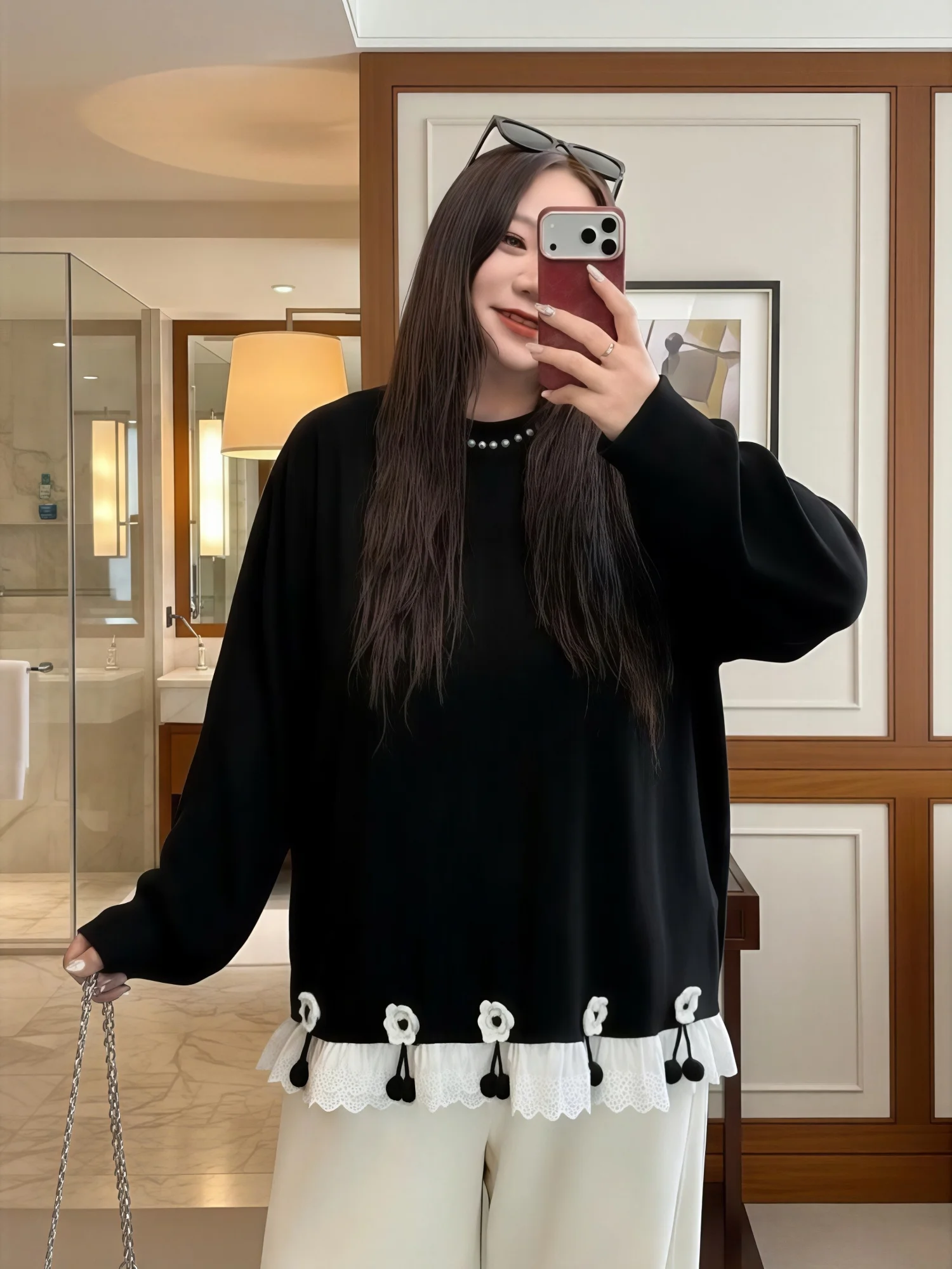 

Женская футболка больших размеров с длинным рукавом и круглым вырезом, с дизайнерскими вставками, эффектом похудения, для повседневной носки, стандартный крой, утолщенная, осенняя коллекция