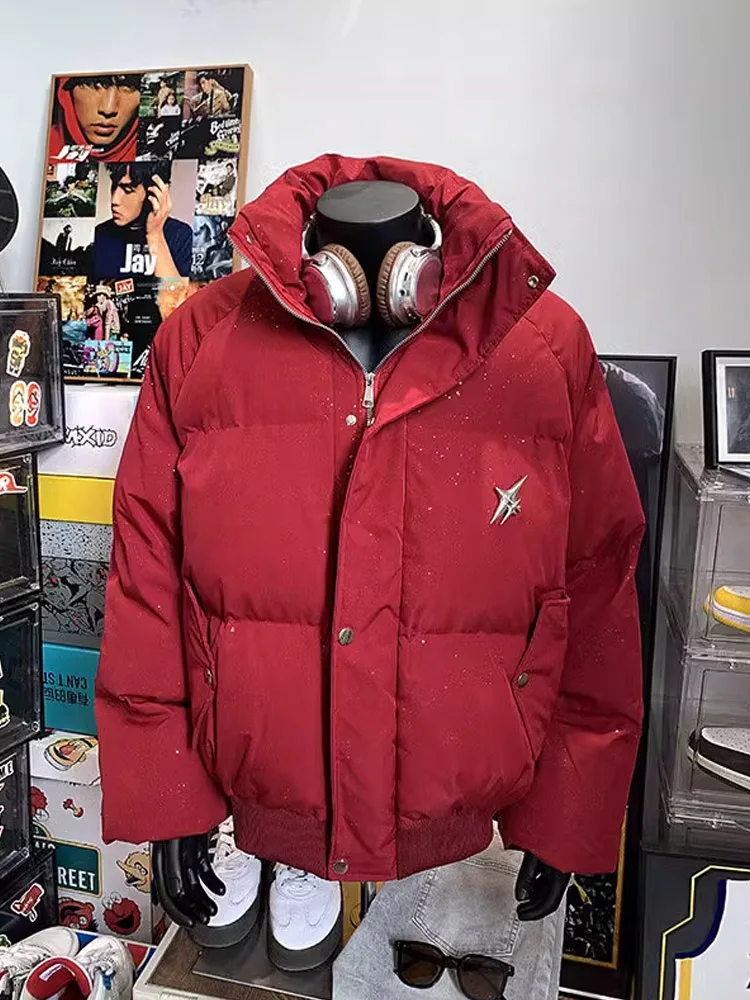 

Thickened American High Street Men's Cotton Jacket Winter Warm Stand Collar Bread Style down Filling Casual Loose Fit Short Coat