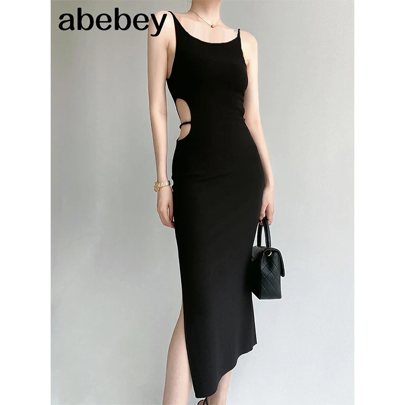 여성용 섹시한 스트랩 원피스, 신축성 있는 허리 바디콘 선드레스, 여성용 비치 스플릿 백리스 롱 원피스, 화이트, 그린, 핑크, 여름 니트, 2024