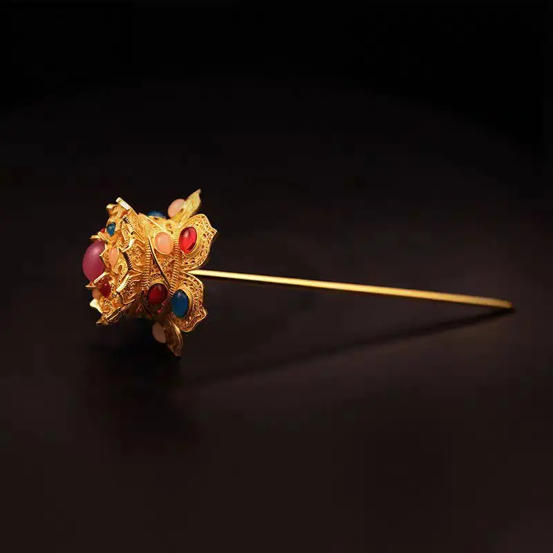 Headwear Re-engraved Ming Dynasty Hat Top Step Shake Hairpin Silk Inlay Lotus Top Hairpin Antique All-match Women's Accessories