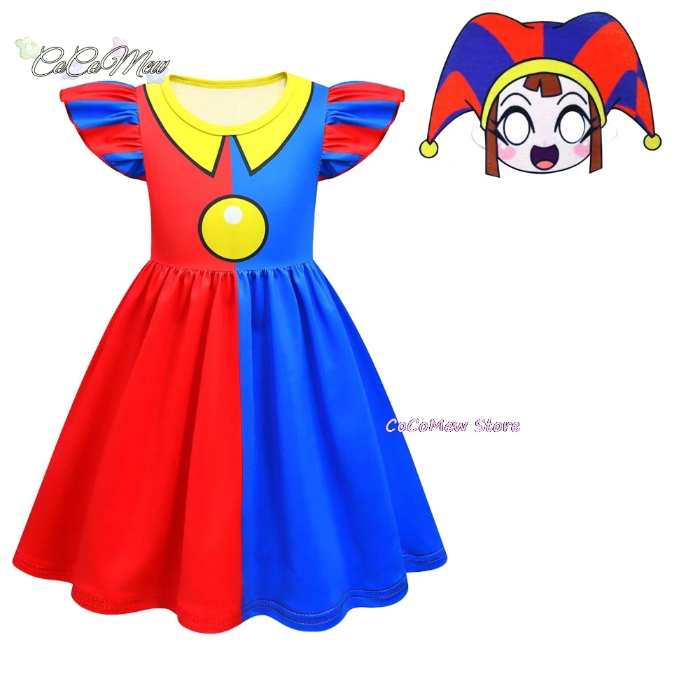 The Amazing Digital Circus Pomni Kids Cosplay Costume Girls Princess Dress + Mask+gloves Children Halloween Cartoon Summer Dress