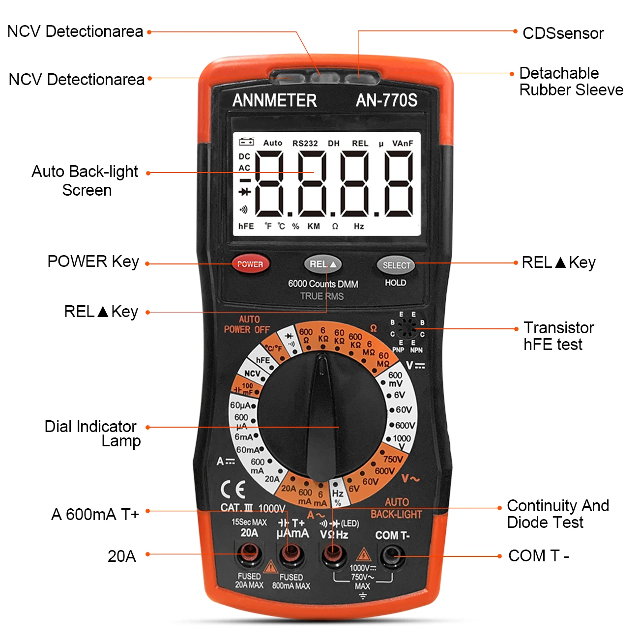 AN-770S Digital Multimeter - Auto-Ranging 6000 Counts, True RMS DC & AC Voltmeter, Ohm, Amp and Capacitor Tester, with Frequence