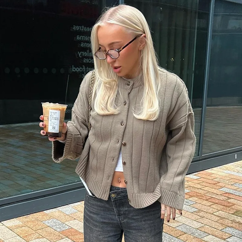 

Ticketsx Casual Round Neck Knit Cardigan Women Fashion Solid Loose Knit Sweaters Vintage Autumn Female Outfits Street Cardigan