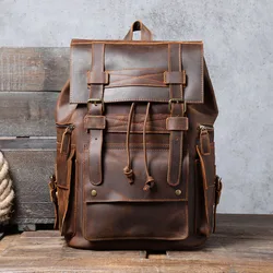 Vintage Crazy Horse Genuine Leather Backpack Men Large Travel Backpack 15.6~17