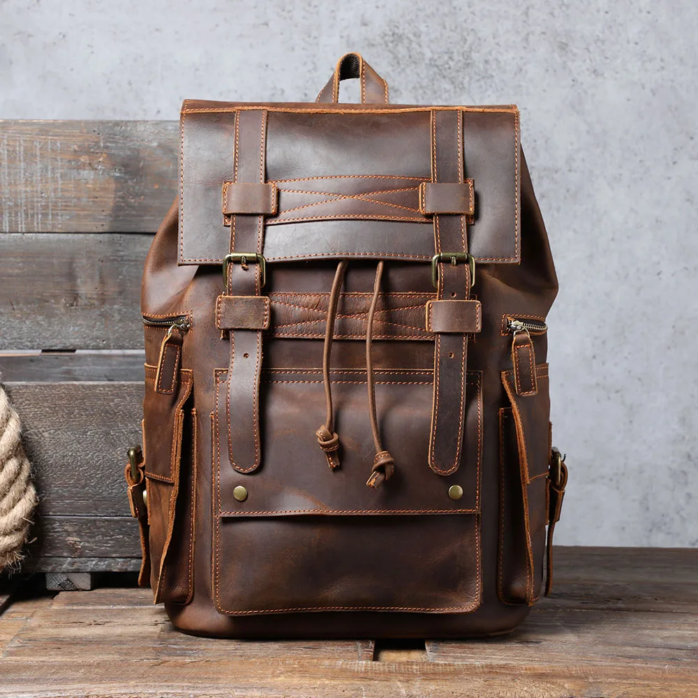 Vintage Crazy Horse Genuine Leather Backpack Men Large Travel Backpack 15.6~17