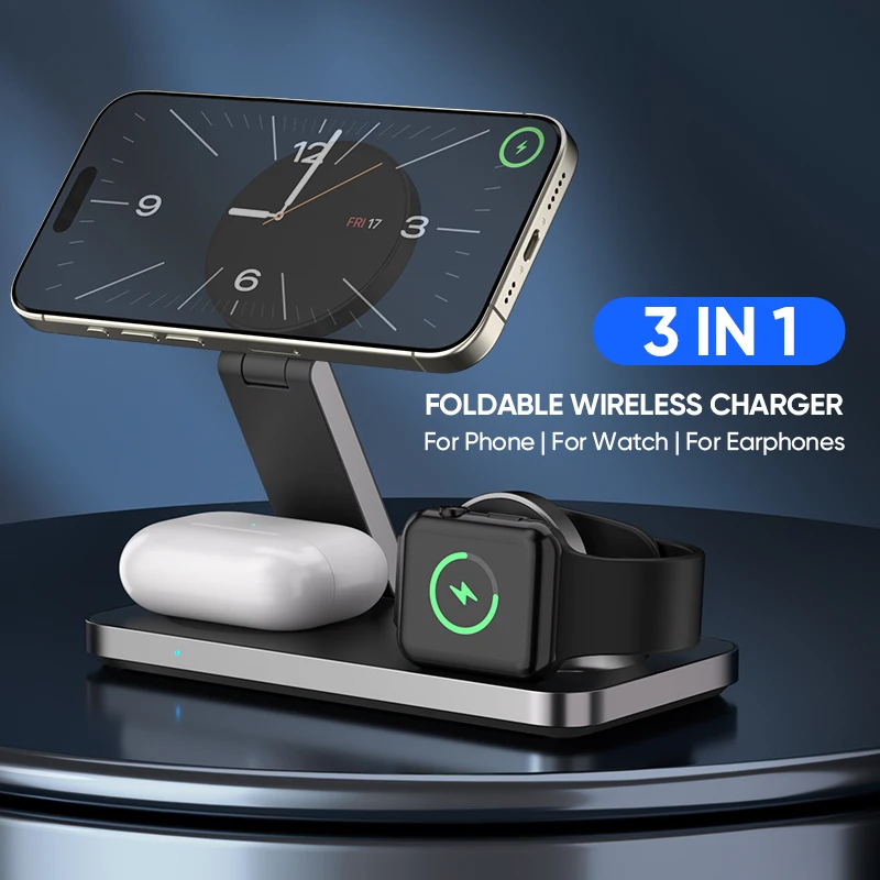 

Magnetic Foldable 3 in 1 Desk Wireless Charger Stand for iPhone 15 14 13 12 11 Pro Max Samsung Qi Certified 15W Fast Charger