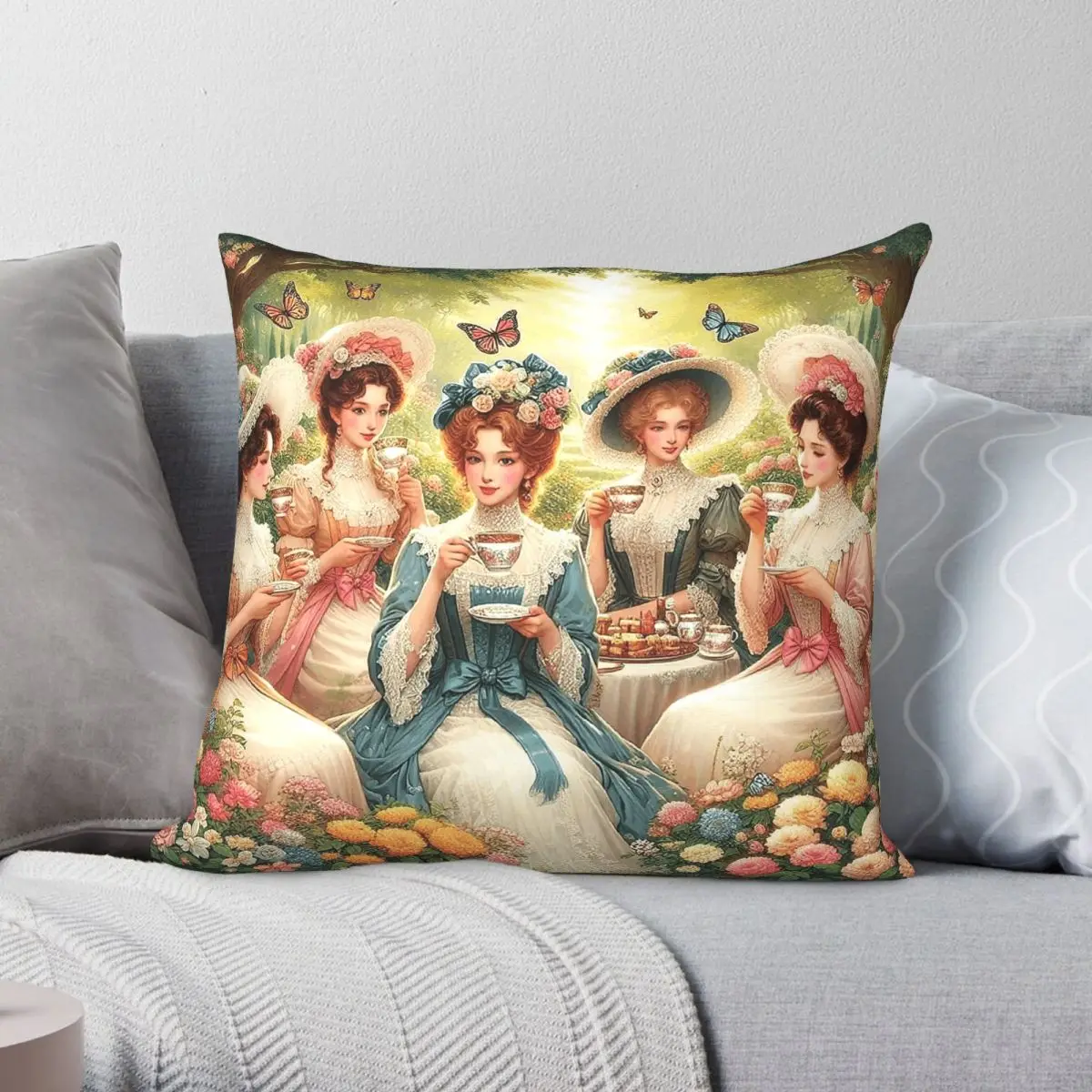 Ladies Enjoying Afternoon Tea Square Pillowcase Polyester Linen Velvet Printed Zip Decorative Pillow Case Room Cushion Case