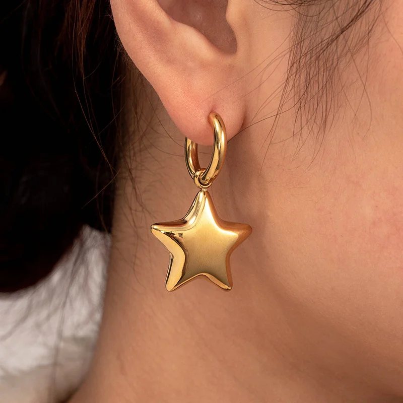 LUXUKISSKIDS High Polish Glossy Star Pentagram Earrings Drop Chunky Golden Cubic Heart Charm Pendients Gothic Dangle Ear Jewelry